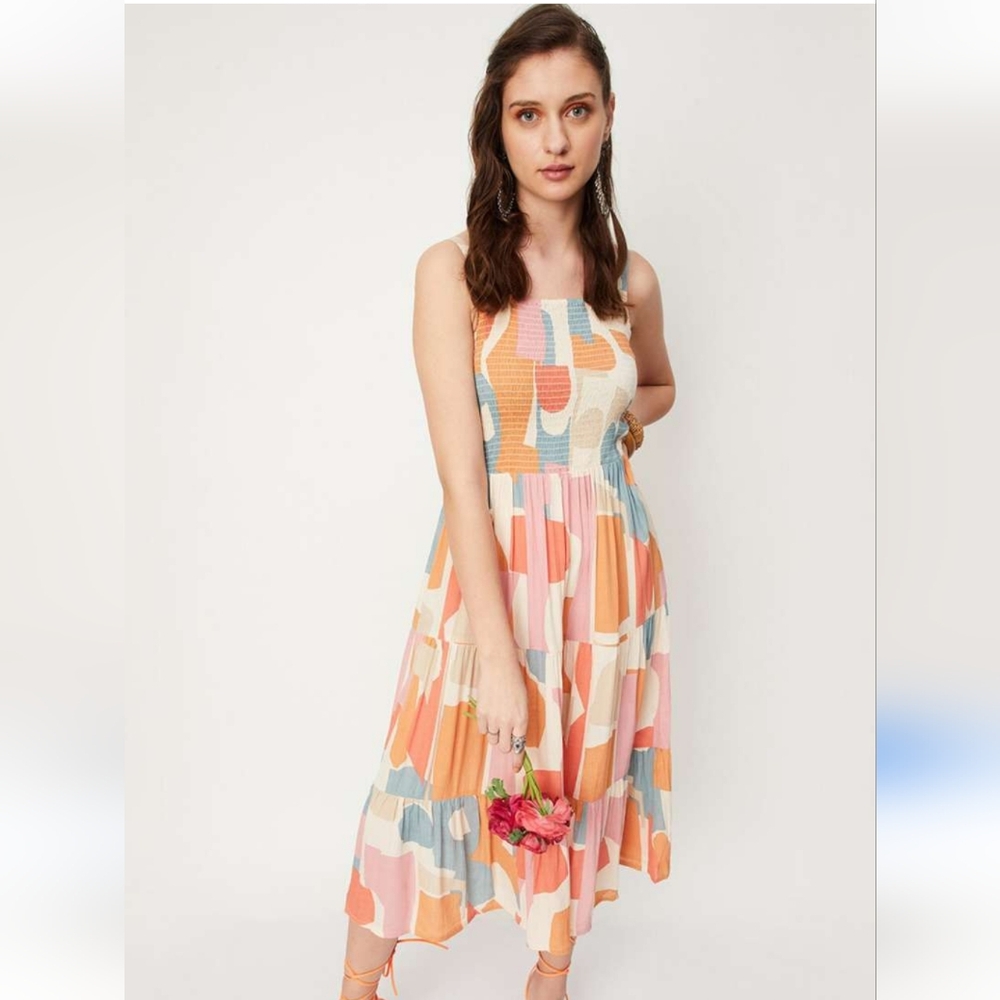 Max Fashion Smocked Spaghetti Strap Colorful Abstract Orange Midi Flowy Dress